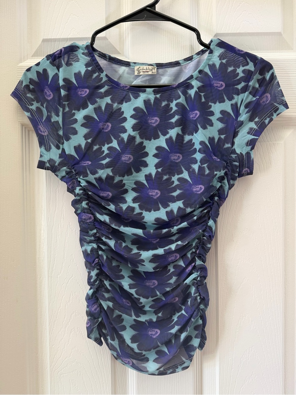 Intimately Free People Blue Daisy Floral Mesh Ruched Top Size XS